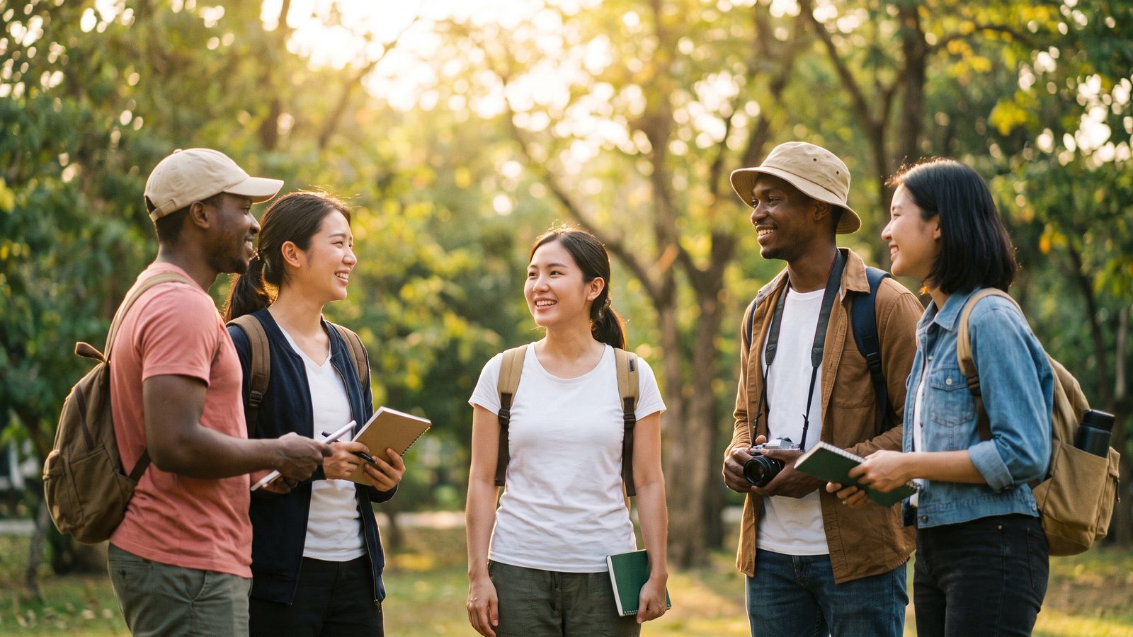Several freelance tour guides chatting outside a sunny café on a Saturday morning