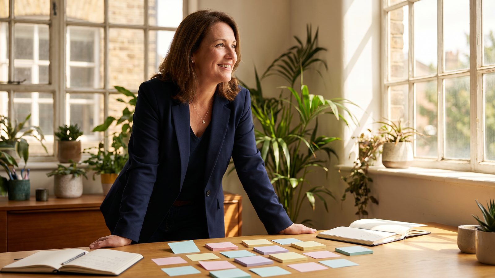 Tour company founder weighing a decision at a desk covered in sticky notes and a laptop