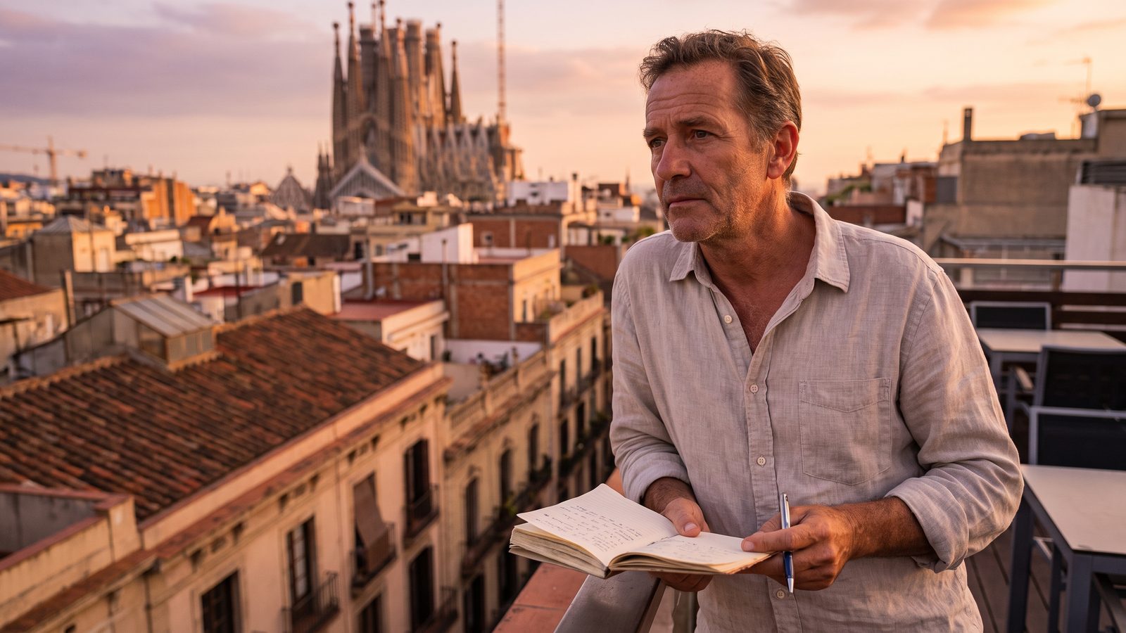 Tour operator standing with a notebook overlooking a new city skyline at golden hour