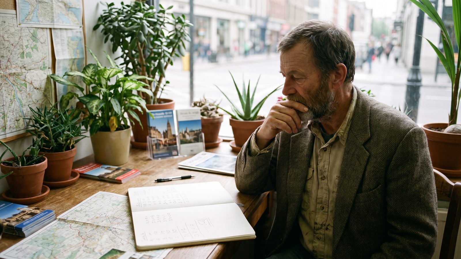 Tour operator sitting thoughtfully at a bright desk with a laptop and a notebook of handwritten figures