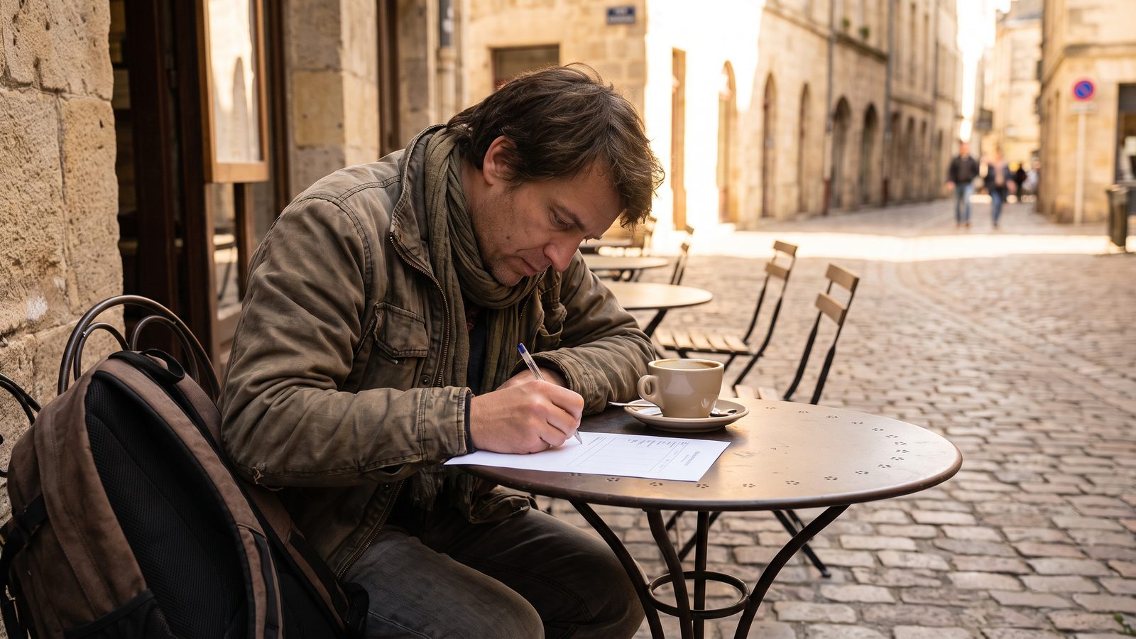Freelance tour guide setting something up on a phone while sitting outside a city café