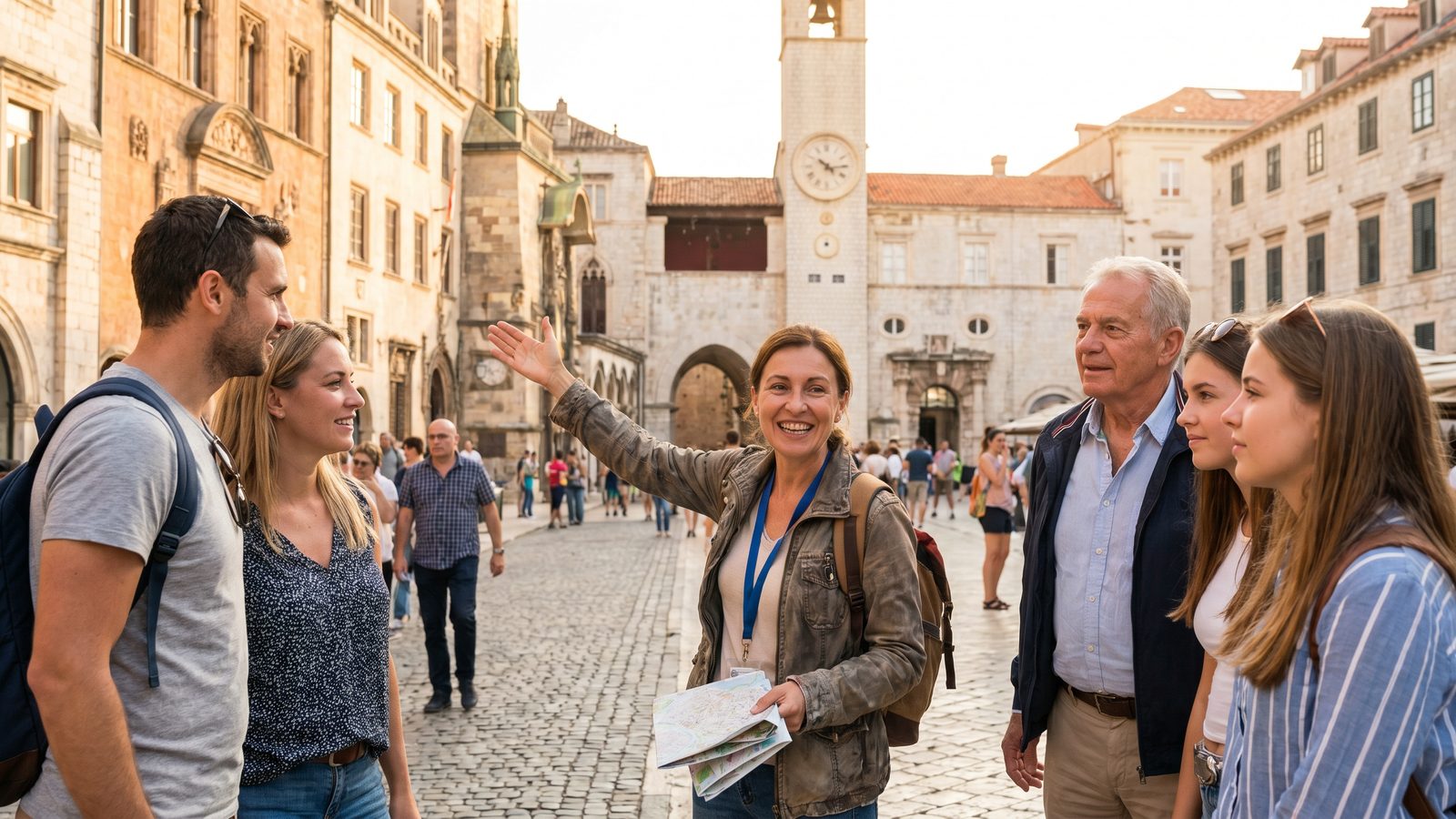 Smiling freelance tour guide leading a small engaged group through a historic city square