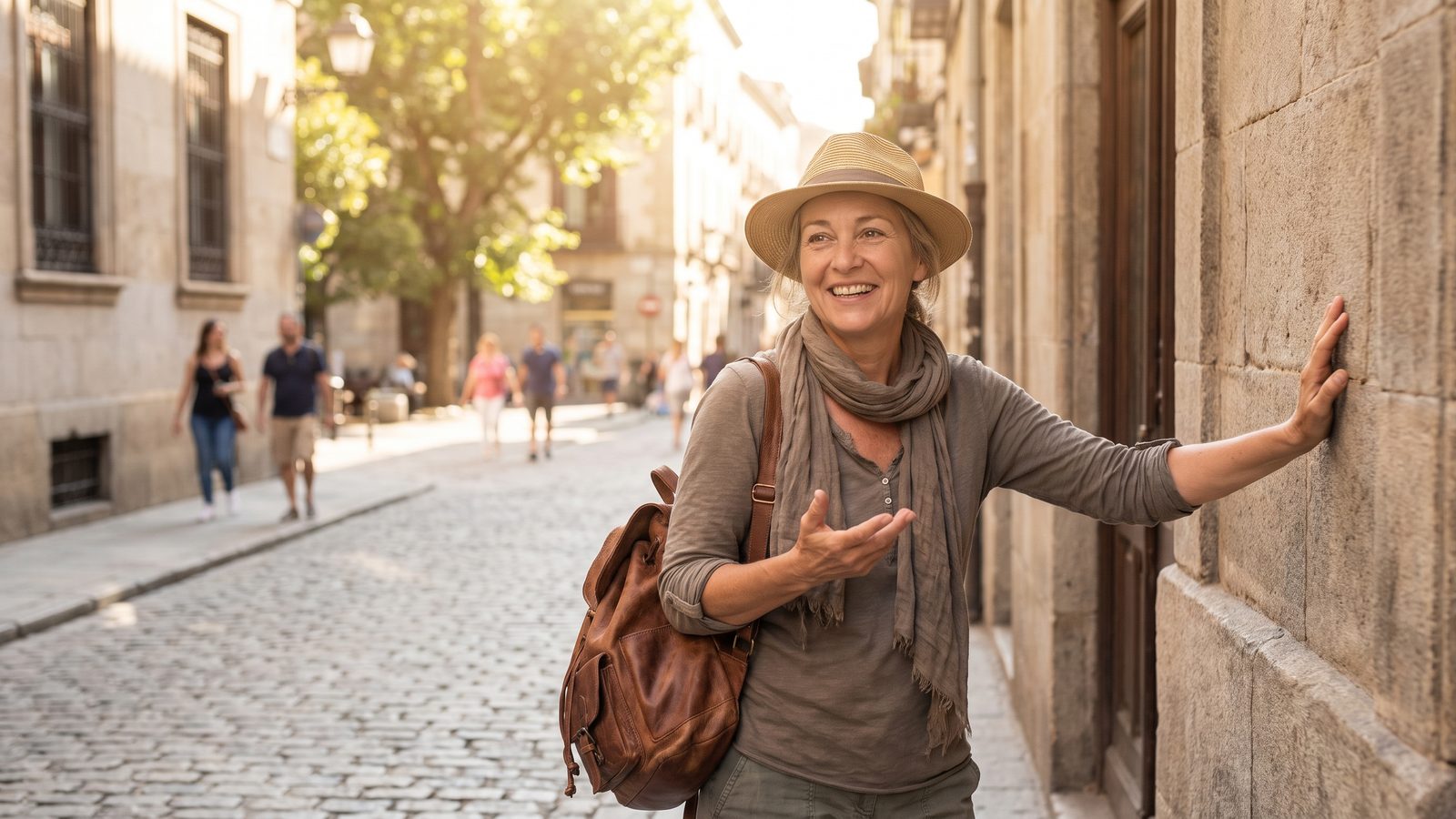 Freelance tour guide glancing at a phone crowded with group-chat notifications on a busy city street